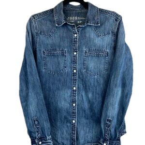 EUC Y2K Vintage GAP Western Pearl Snap Dark Wash Denim Jean Shirt Shaket Small
